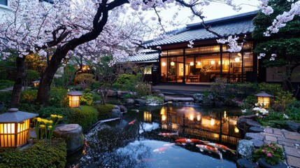 Obraz premium A Japanese garden with a pond and cherry blossoms