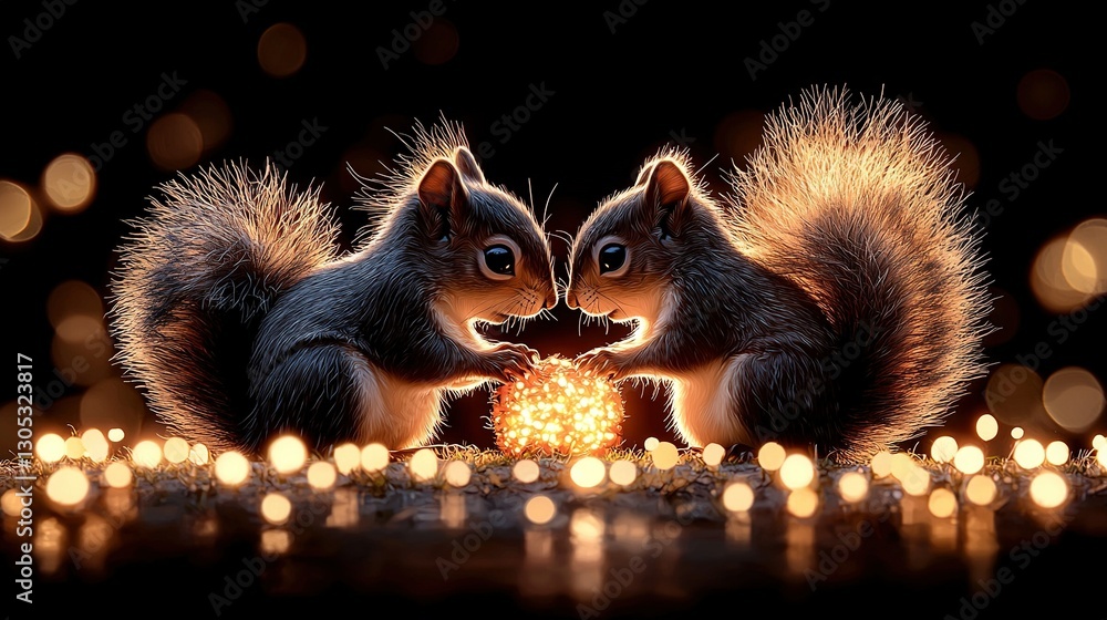 Aufkleber a pair of squirrels standing together in front of glowing string lights