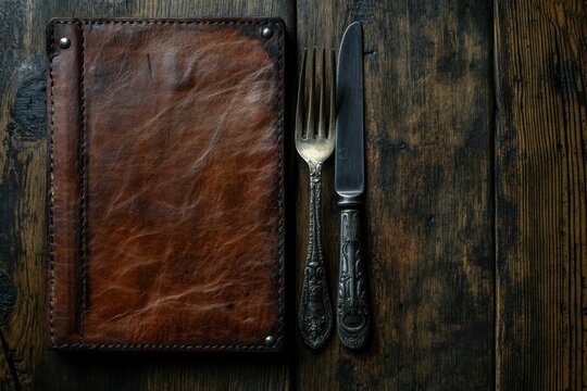 Leather Menu. Vintage menu with rustic silverware on metal background