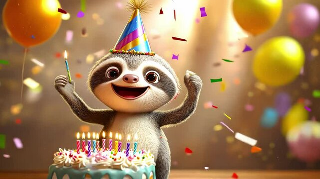 Cartoon sloth with cake. Selective focus