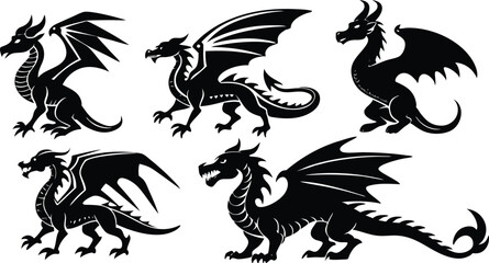 Naklejka premium Fantasy Dragon Silhouette Vector Set