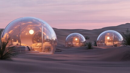 Innovative bubble hotels in desert landscape.