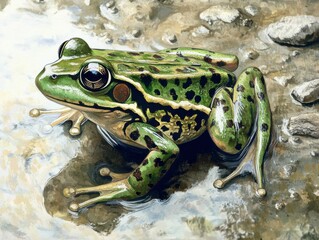 Leopard Frog on a Rock: Green Amphibian in its Wet Surroundings