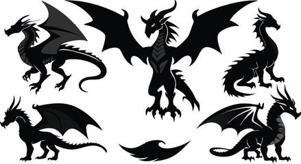 Obraz premium Fantasy Dragon Silhouette Vector Set