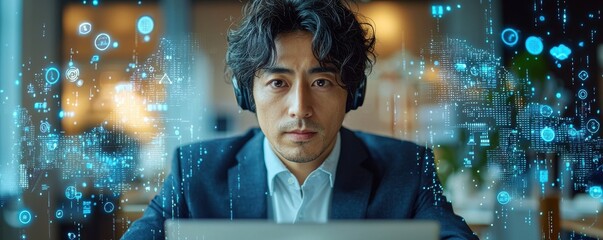 Focused professional with futuristic digital interface and innovative ideas at work