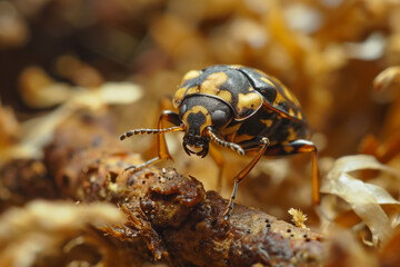 Close-up of a patterned beetle on a branch