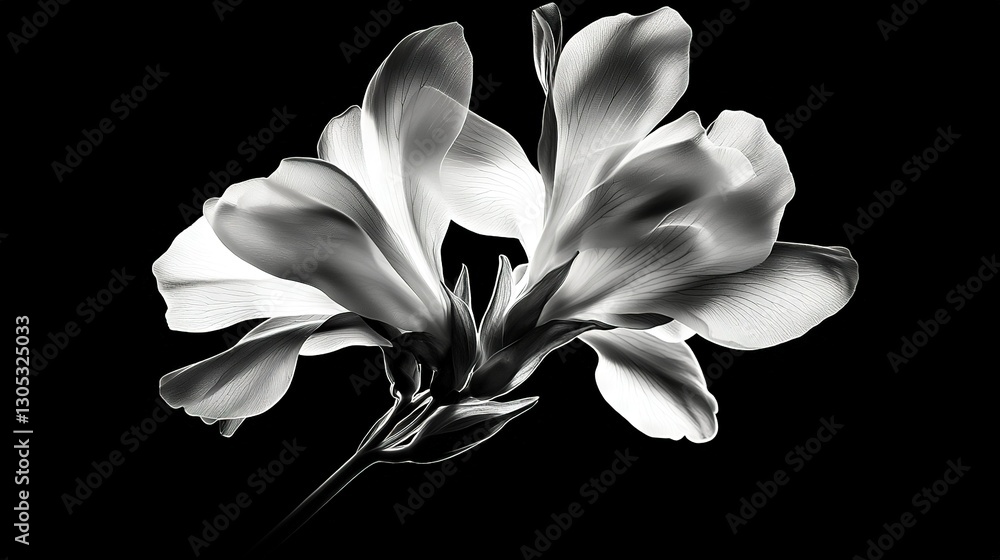 Poster  Monochrome picture of a bloom on a dark backdrop with subtle illumination emanating from the flower's core