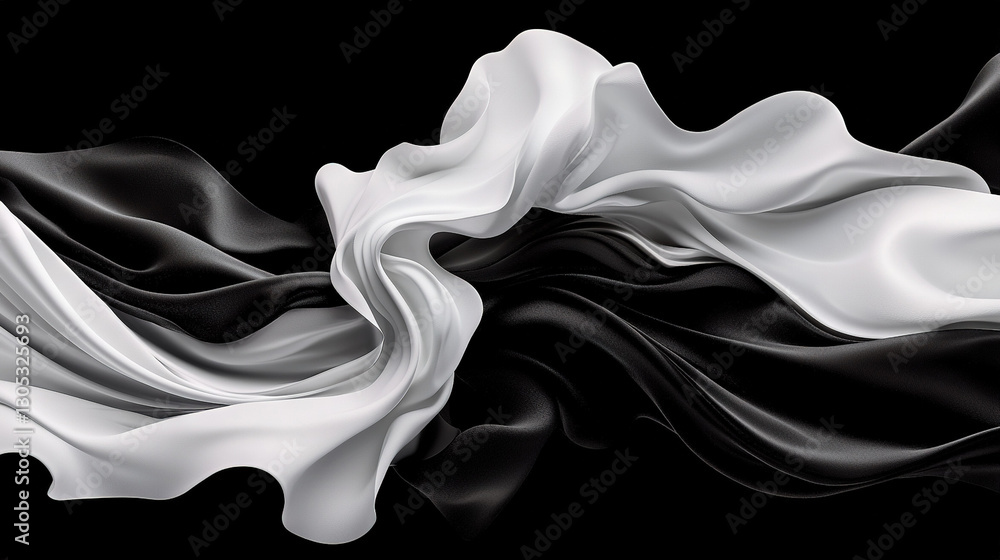 Poster a monochromatic abstract image features a wavy pattern in black and white, set against a black backg