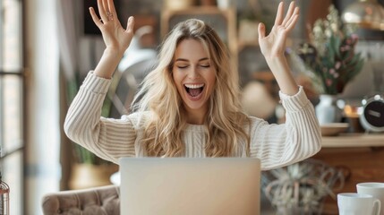 Joyful woman celebrating a significant achievement while working on her laptop in a cozy cafe atmosphere