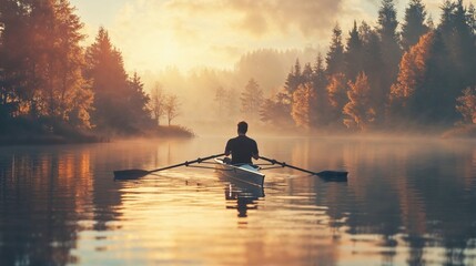 Lone rower on misty autumn lake at sunrise. Person in sculling boat surrounded by golden forest and ethereal fog