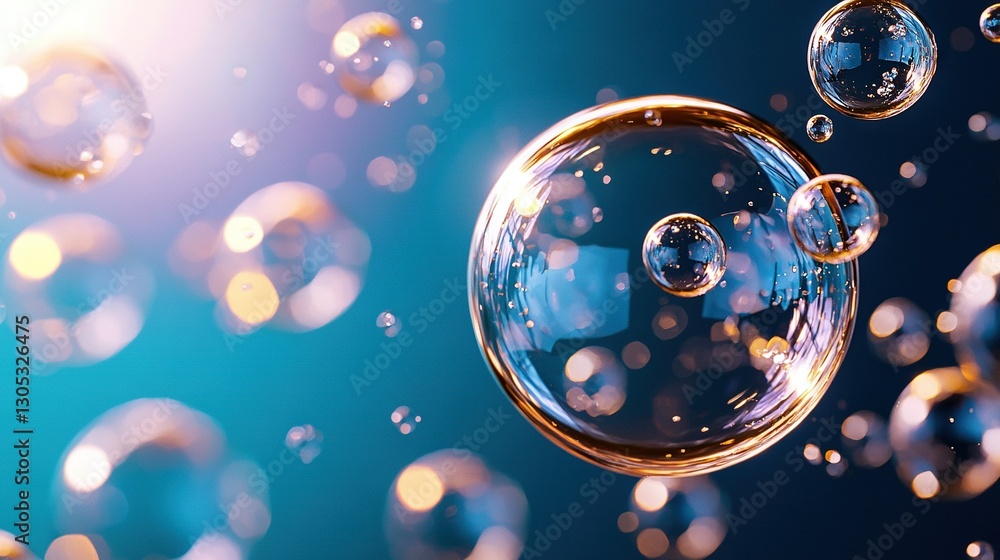 Poster a cluster of bubbles hovering above a gradient blue-yellow backdrop and a vivid azure sky in the dis