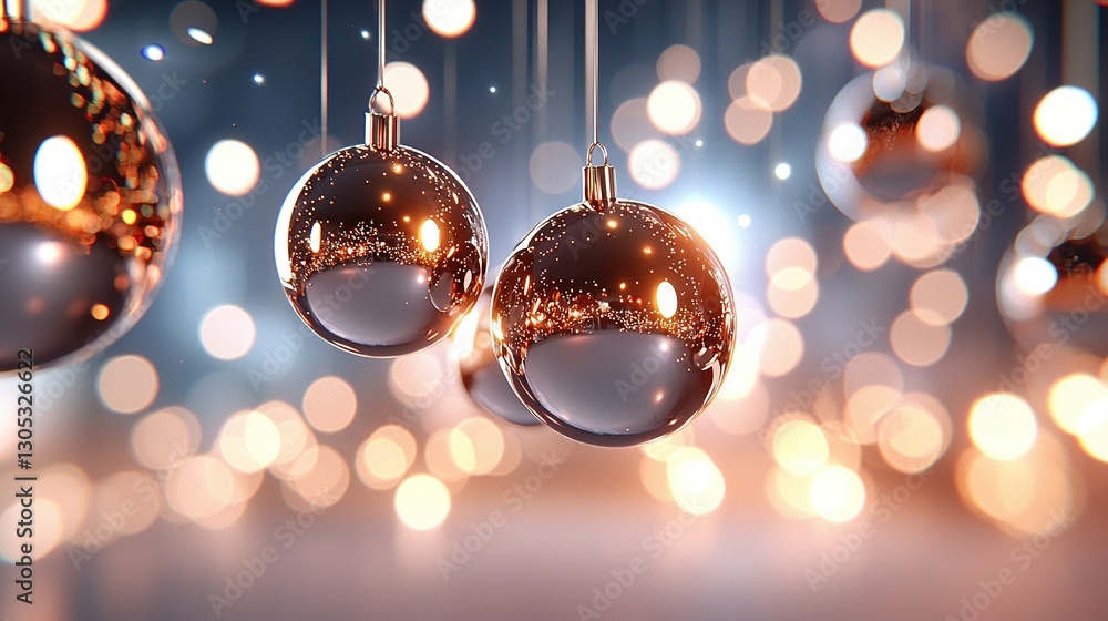 Poster a group of shiny christmas ornaments hang from strings, with bokeh lights in the background and blur