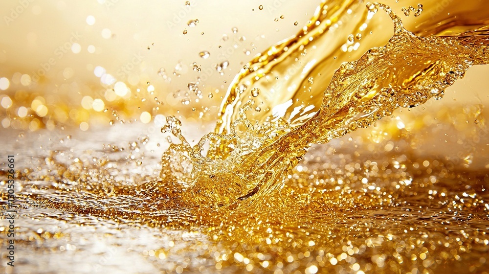 Poster a zoomed-in image of yellow liquid being ejected from the top of a liquid container and landing in a