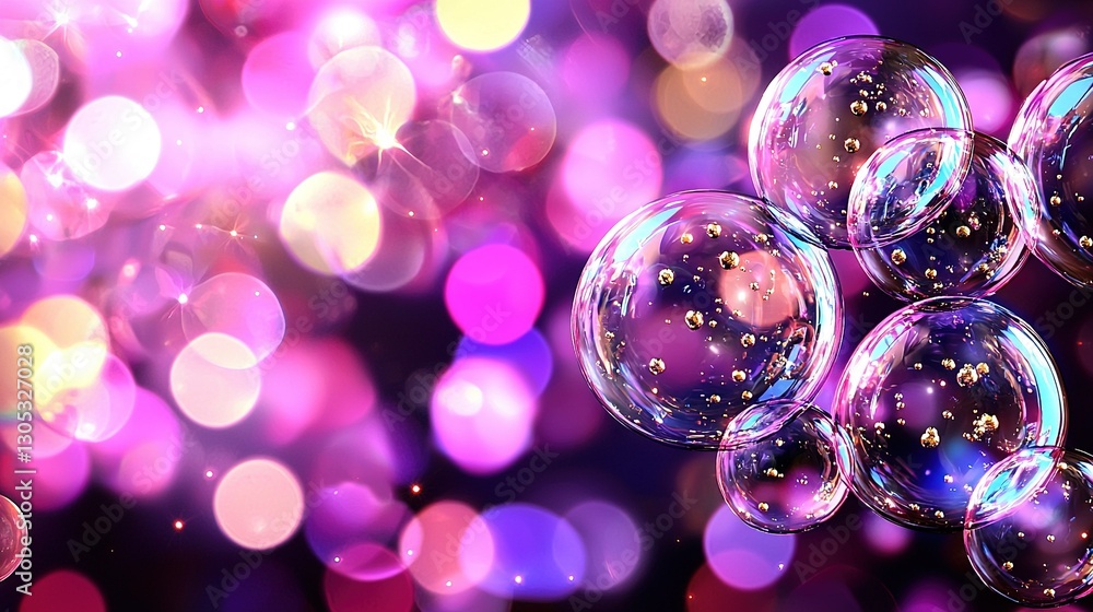 Poster a batch of bubbles floating on a purple and pink backdrop with a hazy boke effect