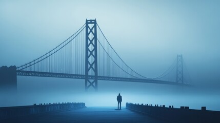 Obraz premium Misty morning silhouette near a bridge.