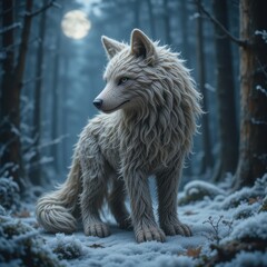 Obraz premium Majestic White Wolf in Snowy Winter Forest at Night