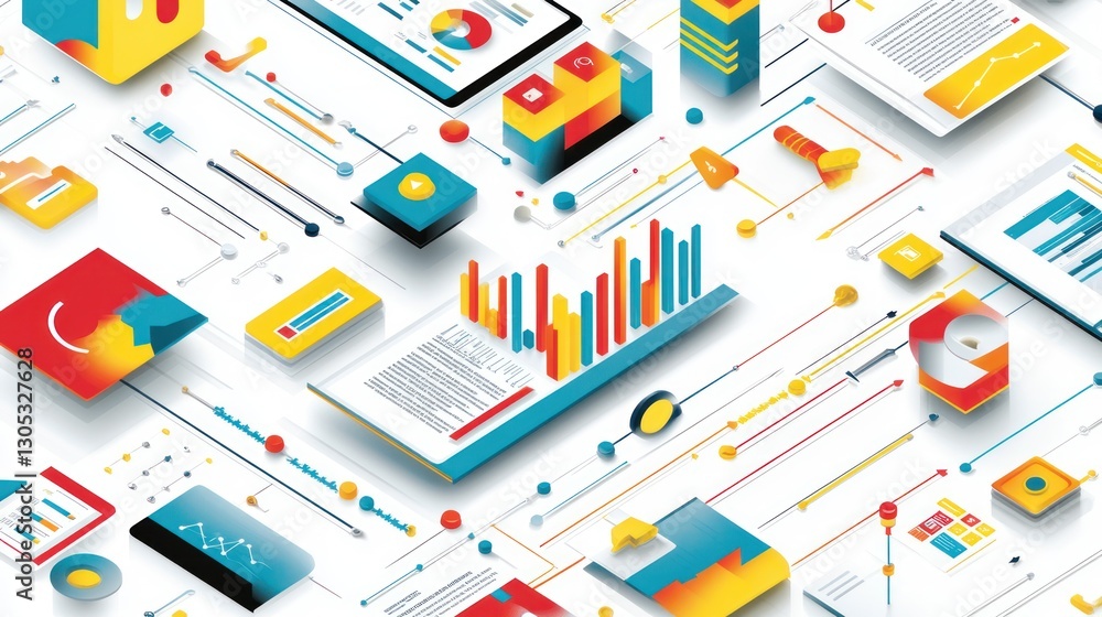 Poster abstract isometric graphic design of data analysis, technology. possible stock image use