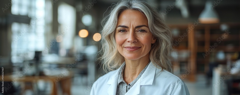 Poster confident middle-aged scientist smiling in modern laboratory setting