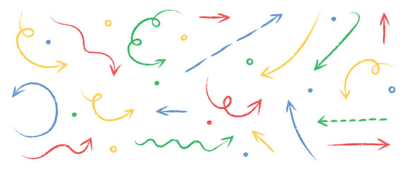 Set of hand drawn arrows in pencil, crayon and chalk style. Cartoon elements. Vector illustration