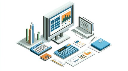 Isometric Office Workspace with Computer, Calculators, and Documents. Possible use  Stock photo for business, productivity, or office-related themes