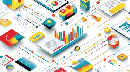 Obraz premium Abstract isometric graphic design of data analysis, technology. Possible stock image use