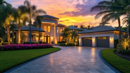 Long Driveway at Modern Home with Dormer Windows and Sunset Light