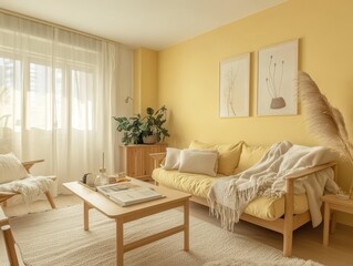A bright and cozy living room with a yellow color scheme