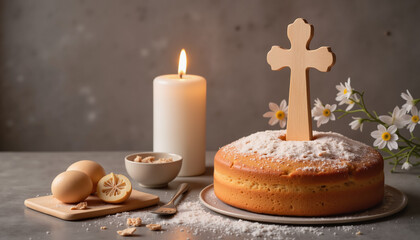 Traditional Easter cake dusted with powdered sugar, featuring a cross decoration, surrounded by candles and fresh spring flowers