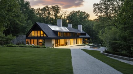Fototapeta premium Long Driveway. Modern Exterior of House with Landscaping and Sunset Light