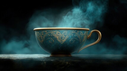 A beautifully ornate cup emits steam against a dark backdrop, creating a mystical atmosphere, Ideal for themes of elegance, warmth, or relaxation in food and beverage marketing or decor,