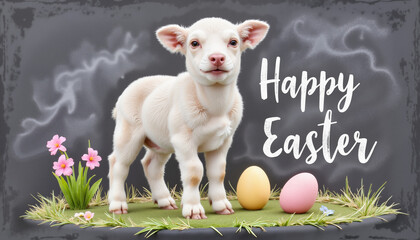 Fototapeta premium Chalkboard-style Easter card featuring a lamb, pastel eggs, floral decorations, and hand-lettered text for a rustic holiday design