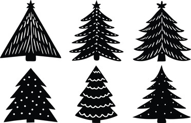 Fototapeta premium Festive Christmas Trees with Stars and Patterns Silhouette Collection for Holiday Decor and Winter Art