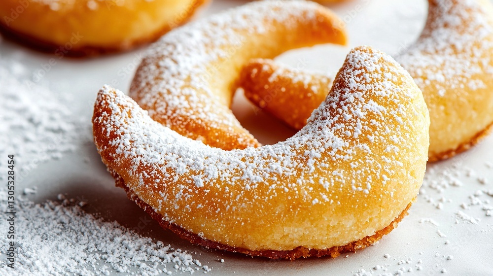 Poster a collection of doughnuts positioned atop a white table adorned with powdered sugar and sprinkled wi