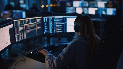 A woman works intensely at a computer workstation in a darkened room