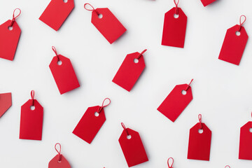 red gift tags scattered in abstract pattern on white background. christmas sale, holiday season concept, Super Saturday. retail promotion, festive packaging design. consumerism, advertisement, poster