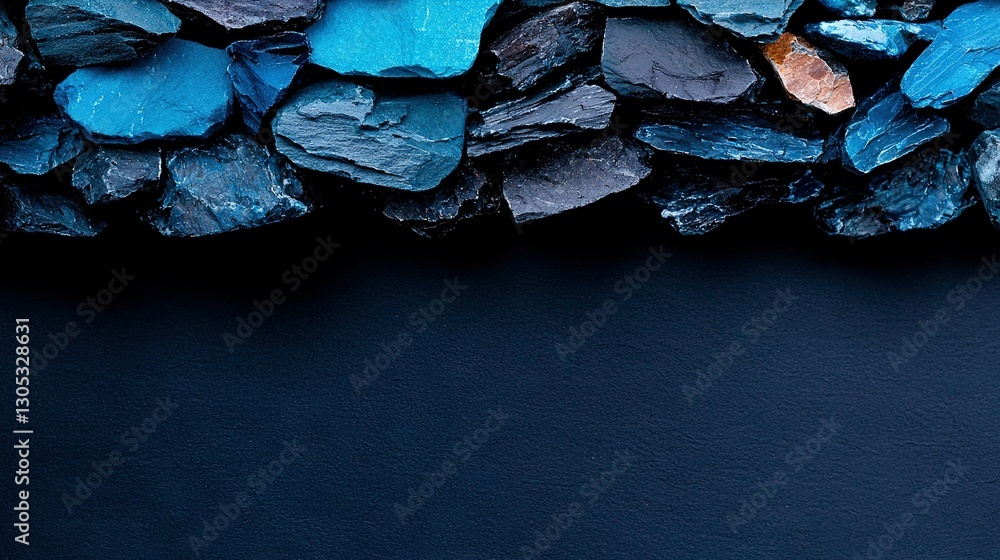 Poster a group of blue stones resting on a dark background in front of a blue backdrop with a clock positio
