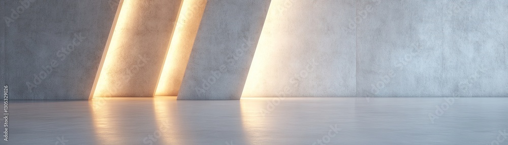 Poster abstract concrete environment features geometric panel walls illuminated by soft lighting, creating 