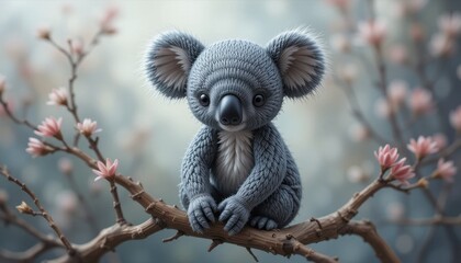Adorable Baby Koala Sitting on a Blooming Branch in Spring A Cute Wildlife Image