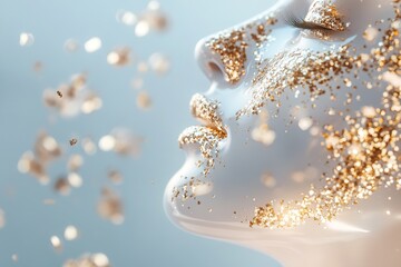 A transparent glass silhouette of a woman is surrounded by softly floating gold particles in an ethereal light. The composition exudes luxury and sophistication with ample text space