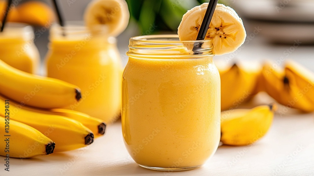Poster a mason jar filled with a smoothie sits on a table alongside several other bananas the smoothie is s