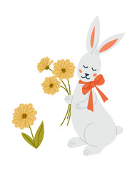Adorable Easter bunny with a red bow holding a bouquet of yellow flowers in a cute and minimalistic illustration style