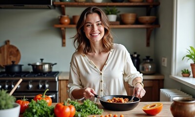 happy woman cooking a fresh meal in a cozy, well-equipped kitchen, surrounded by vibrant vegetables. This image captures the warmth and joy of home cooking and healthy living