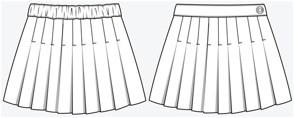 FRONT PLEATED DENIM SKATER SKIRT WITH TOP STITCH DETAIL DESIGNED FOR TWEEN GIRLS KID GIRLS AND TEEN GIRLS IN VECTOR FILE.