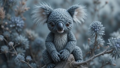 Obraz premium Adorable Knitted Koala Toy Sitting on Branch Among Blue Flowers