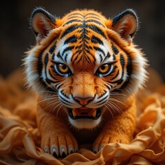 Fototapeta premium Powerful Young Tiger Cub Close Up Fierce Intense Eyes Orange Fur Wildlife