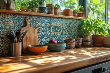 A cozy, functional kitchen with a wooden chopping board, stainless steel utensils, and colorful ceramic bowls in the foreground. Natural light filters through the window onto the countertop