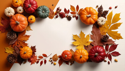 autumn leaves frame with pumpkin