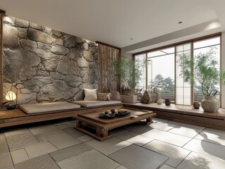 A Japanese inspired interior design features stone and natural elements