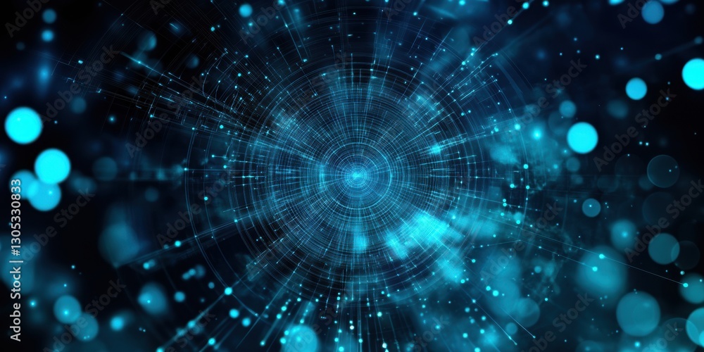 Poster a futuristic digital background with glowing blue matrix-style code streaming down in a cyberpunk ae