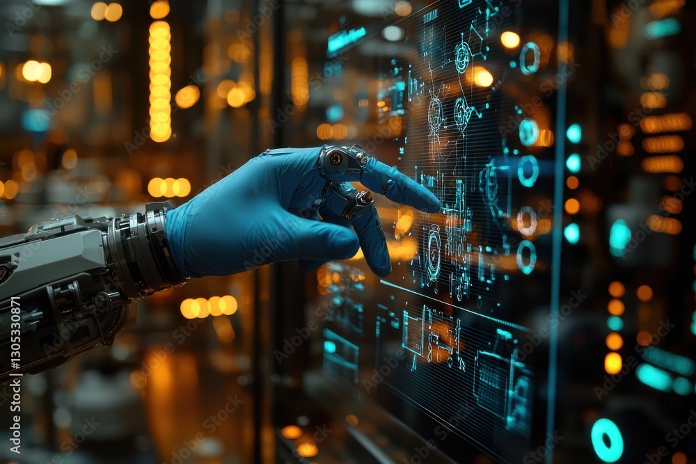 Aufkleber robotic hand interacting with futuristic interface in a high-tech laboratory